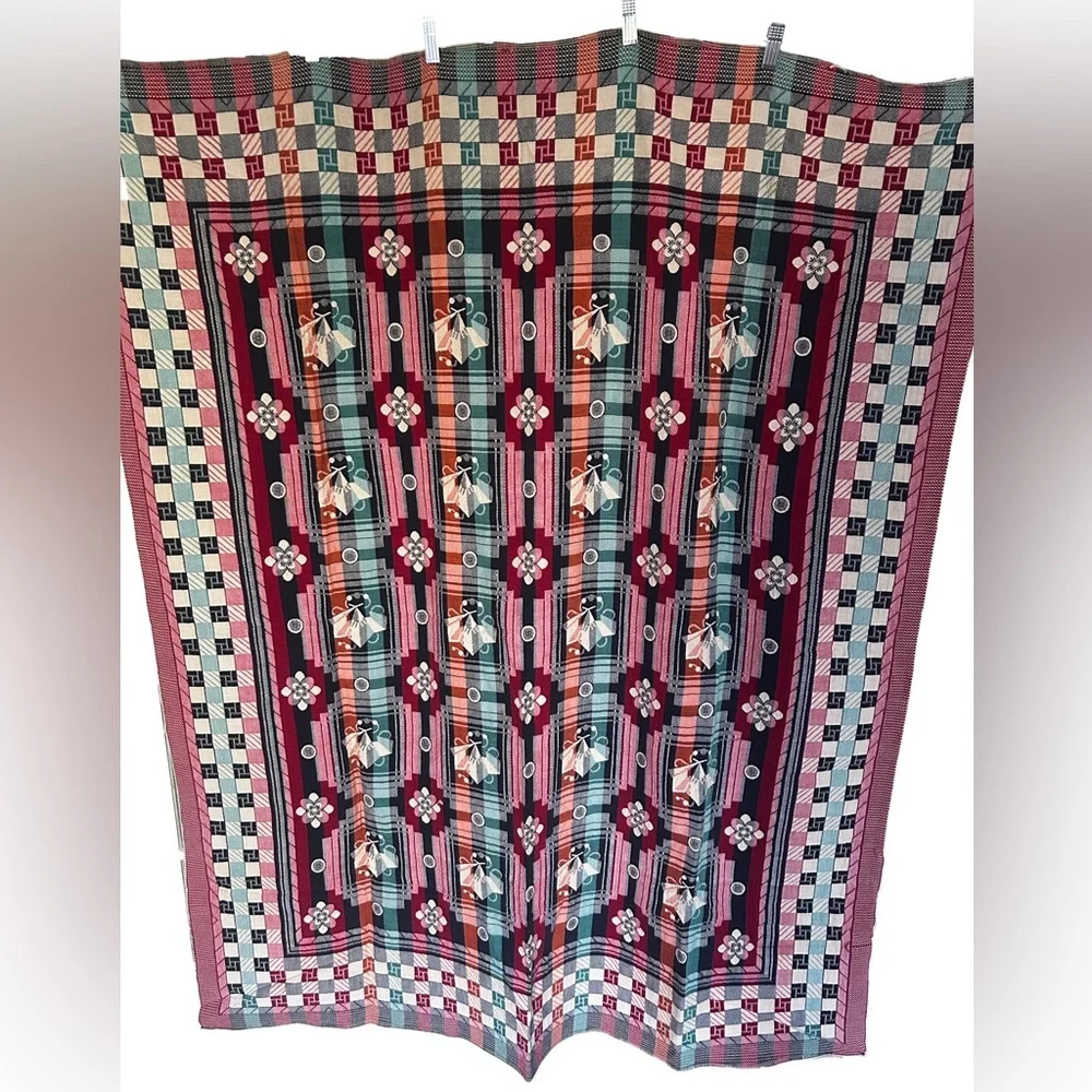 VTG Woven Knit Tapestry Throw Blanket Floral Cottage Farm Country Burgandy